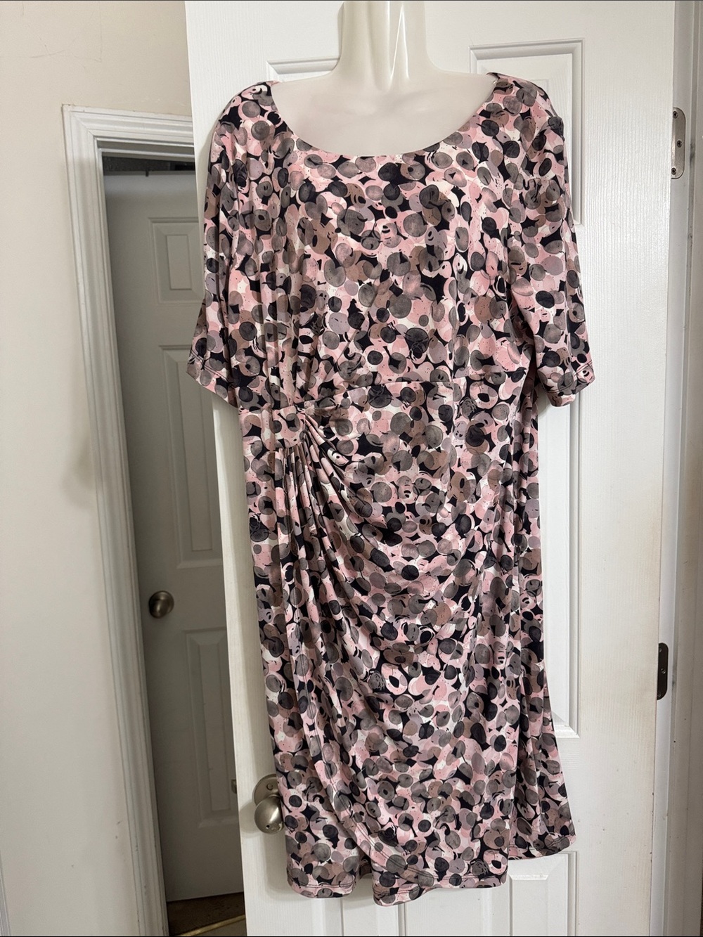 connected apparel Pink and Black Dot Ruched Midi Dress